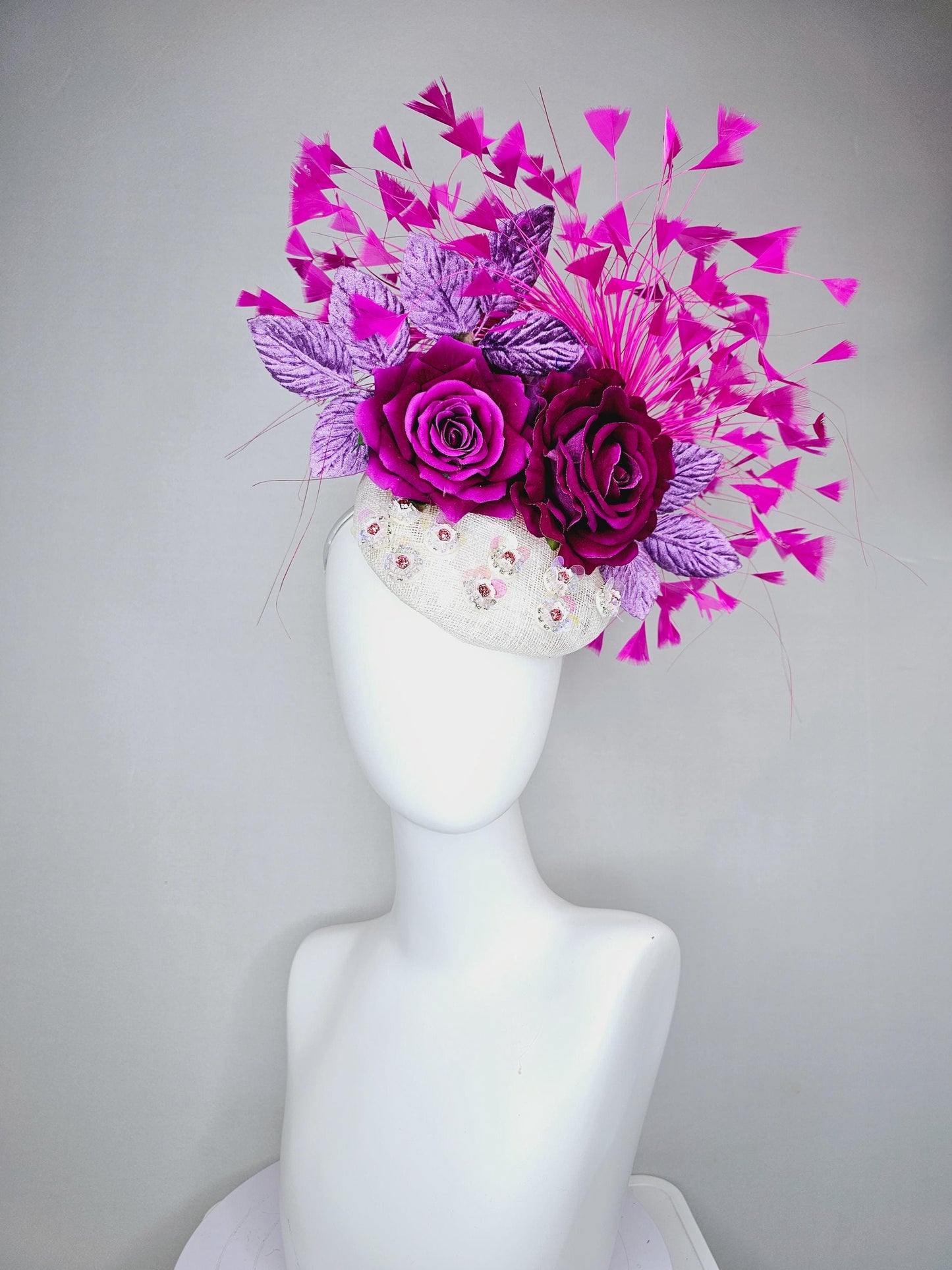 kentucky derby hat fascinator white sinamay with iridescent beading,purple satin flowers,lavender purple leaves, hot pink branching feathers