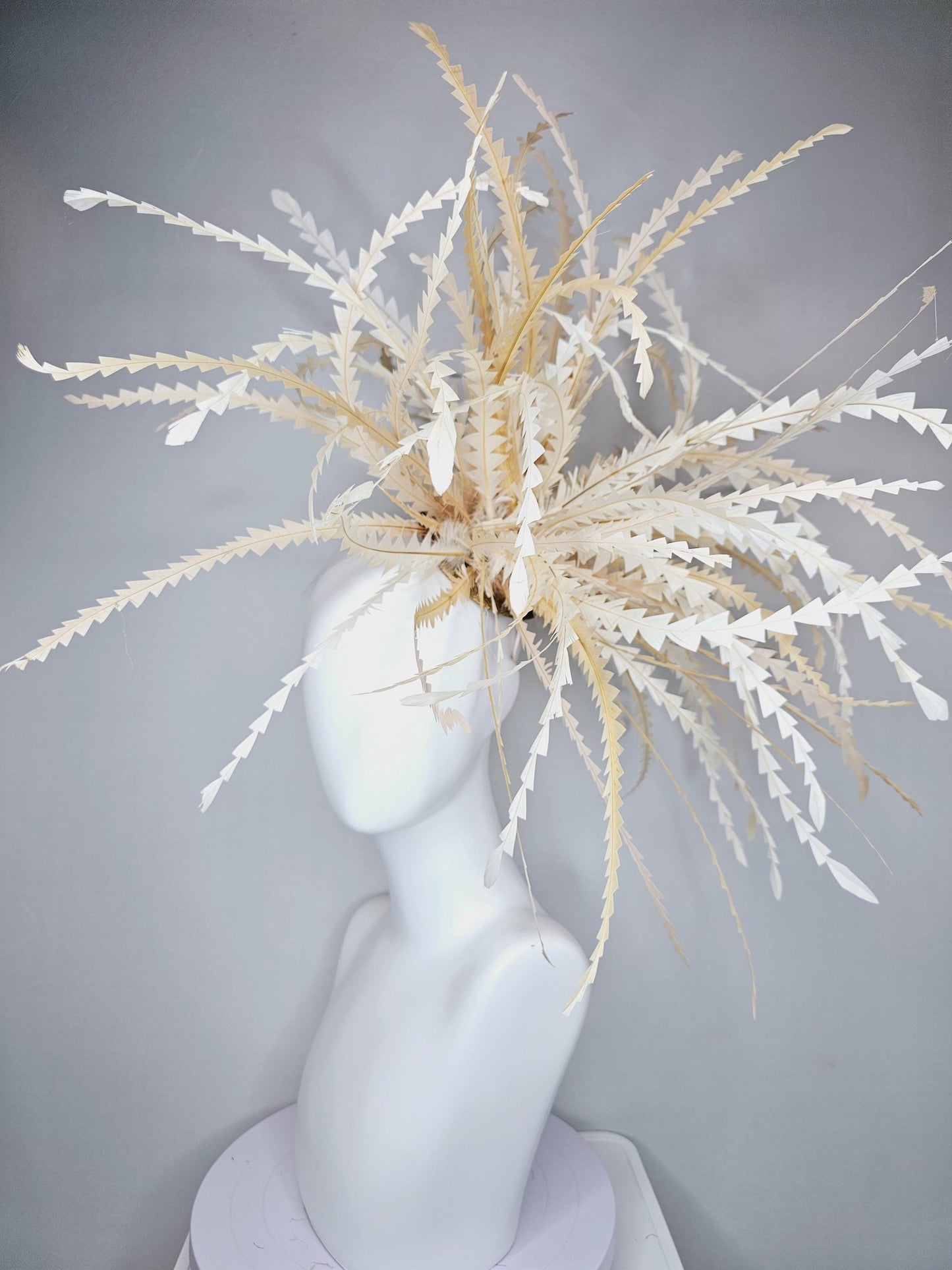 kentucky derby hat fascinator huge tan, beige, light tan neutral zigzag feather headpiece