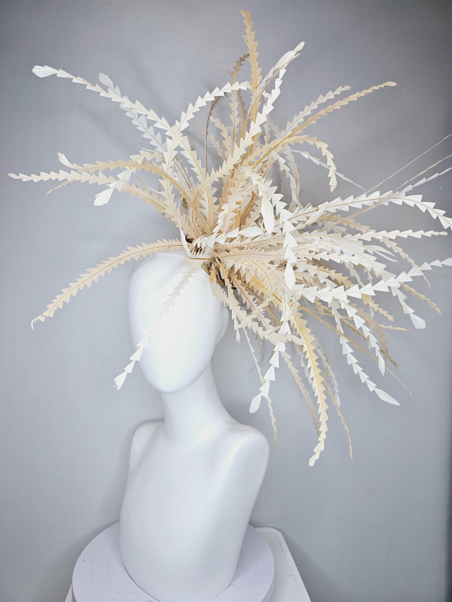 kentucky derby hat fascinator huge tan, beige, light tan neutral zigzag feather headpiece