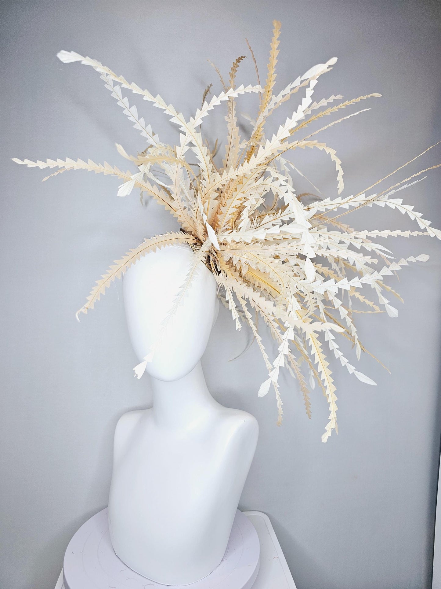 kentucky derby hat fascinator huge tan, beige, light tan neutral zigzag feather headpiece