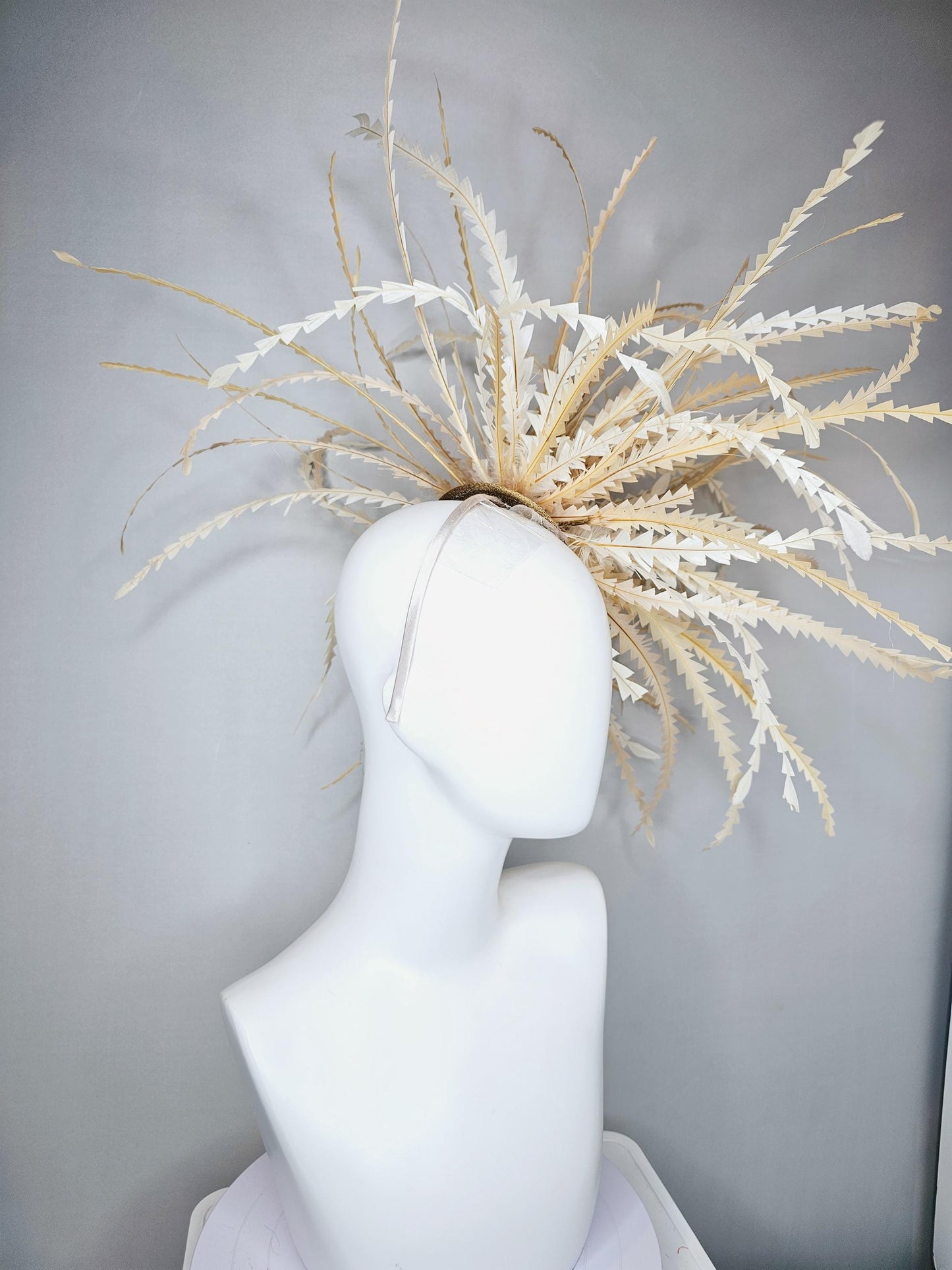 kentucky derby hat fascinator huge tan, beige, light tan neutral zigzag feather headpiece