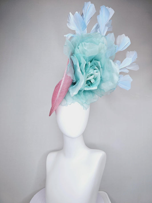 kentucky derby hat fascinator light pink sinamay saucer with large mint green organza satin rose and light baby blue branching feathers