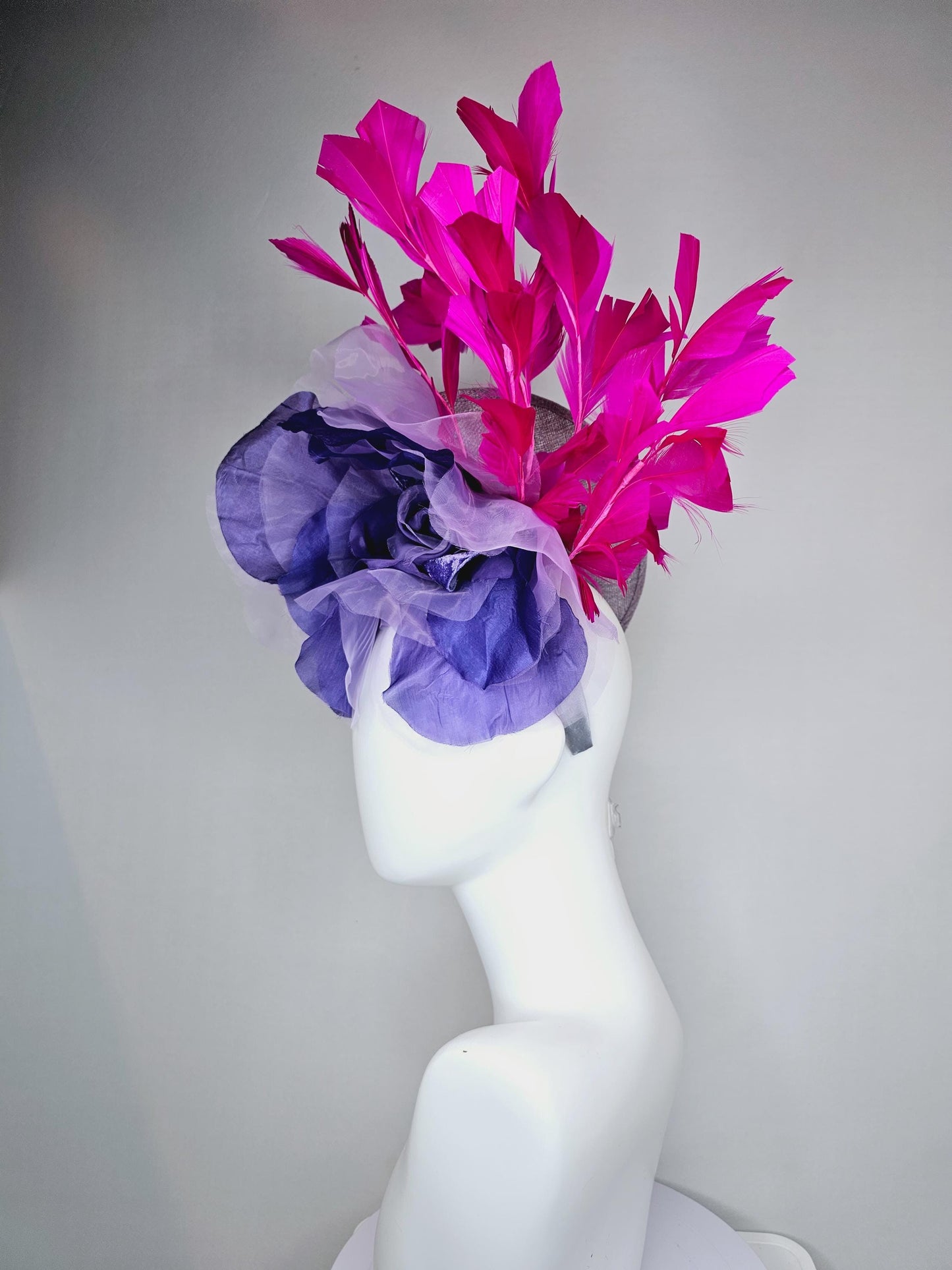 kentucky derby hat fascinator gray sinamay saucer with large lavender purple organza satin rose and bright fuchsia pink branching feathers