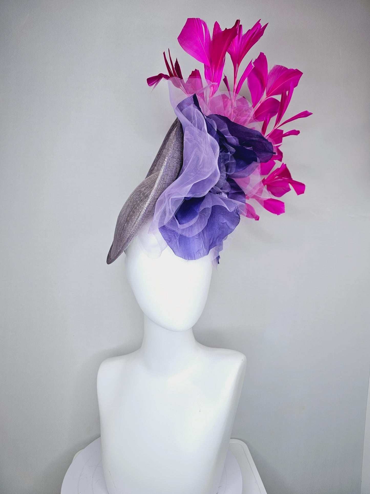 kentucky derby hat fascinator gray sinamay saucer with large lavender purple organza satin rose and bright fuchsia pink branching feathers