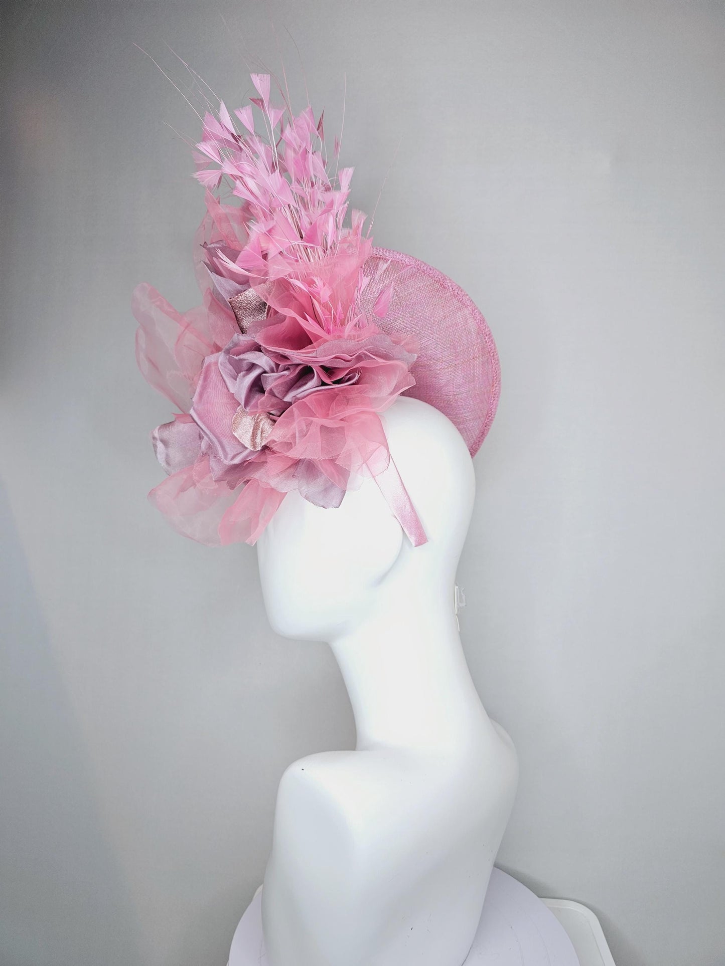 kentucky derby hat fascinator light pink sinamay saucer w/ large blush pink lilac rose gold organza satin rose,light pink branching feathers