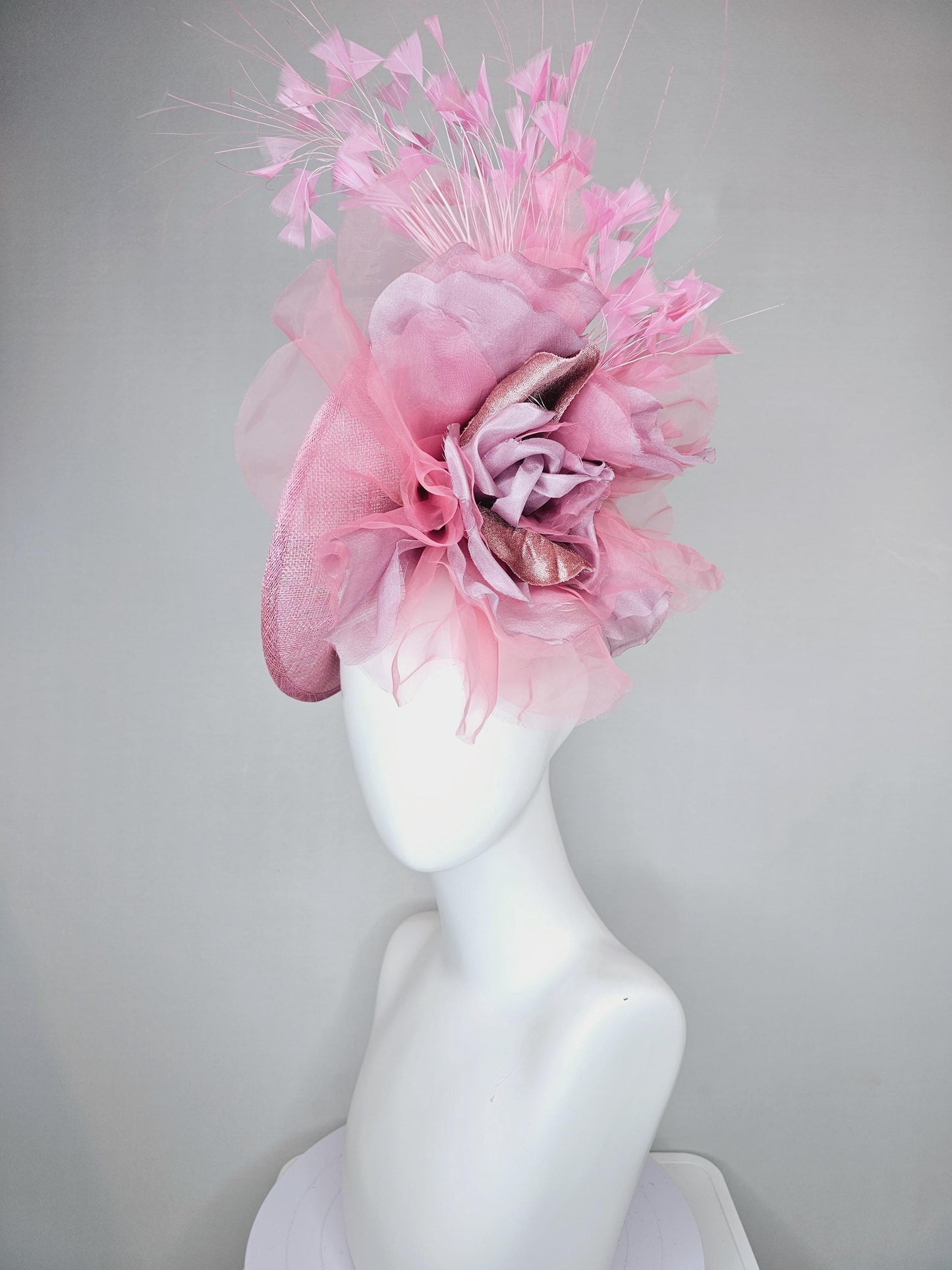 kentucky derby hat fascinator light pink sinamay saucer w/ large blush pink lilac rose gold organza satin rose,light pink branching feathers