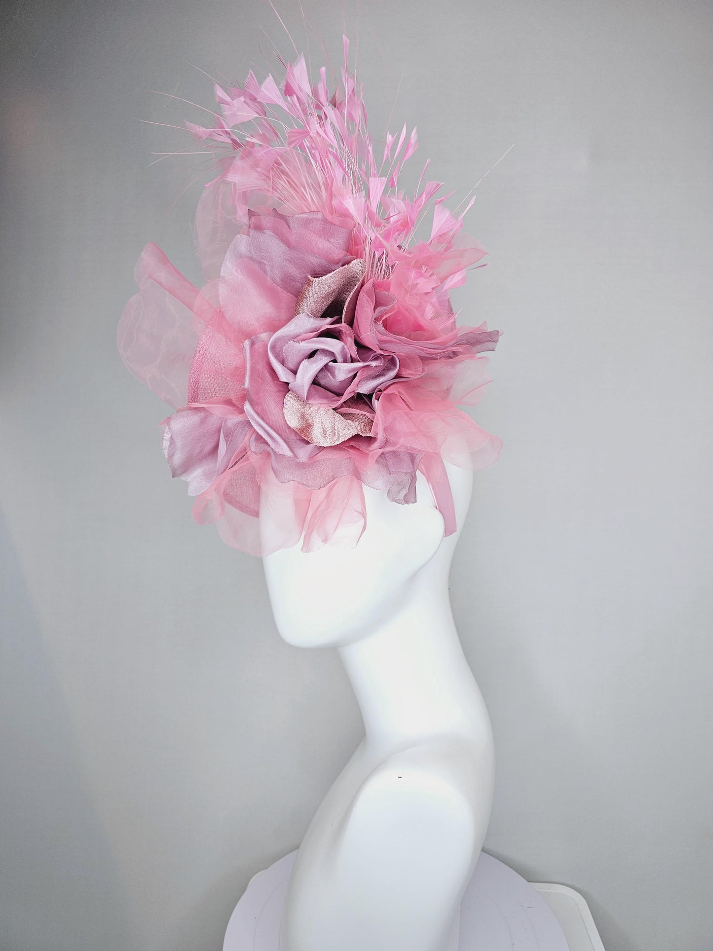 kentucky derby hat fascinator light pink sinamay saucer w/ large blush pink lilac rose gold organza satin rose,light pink branching feathers