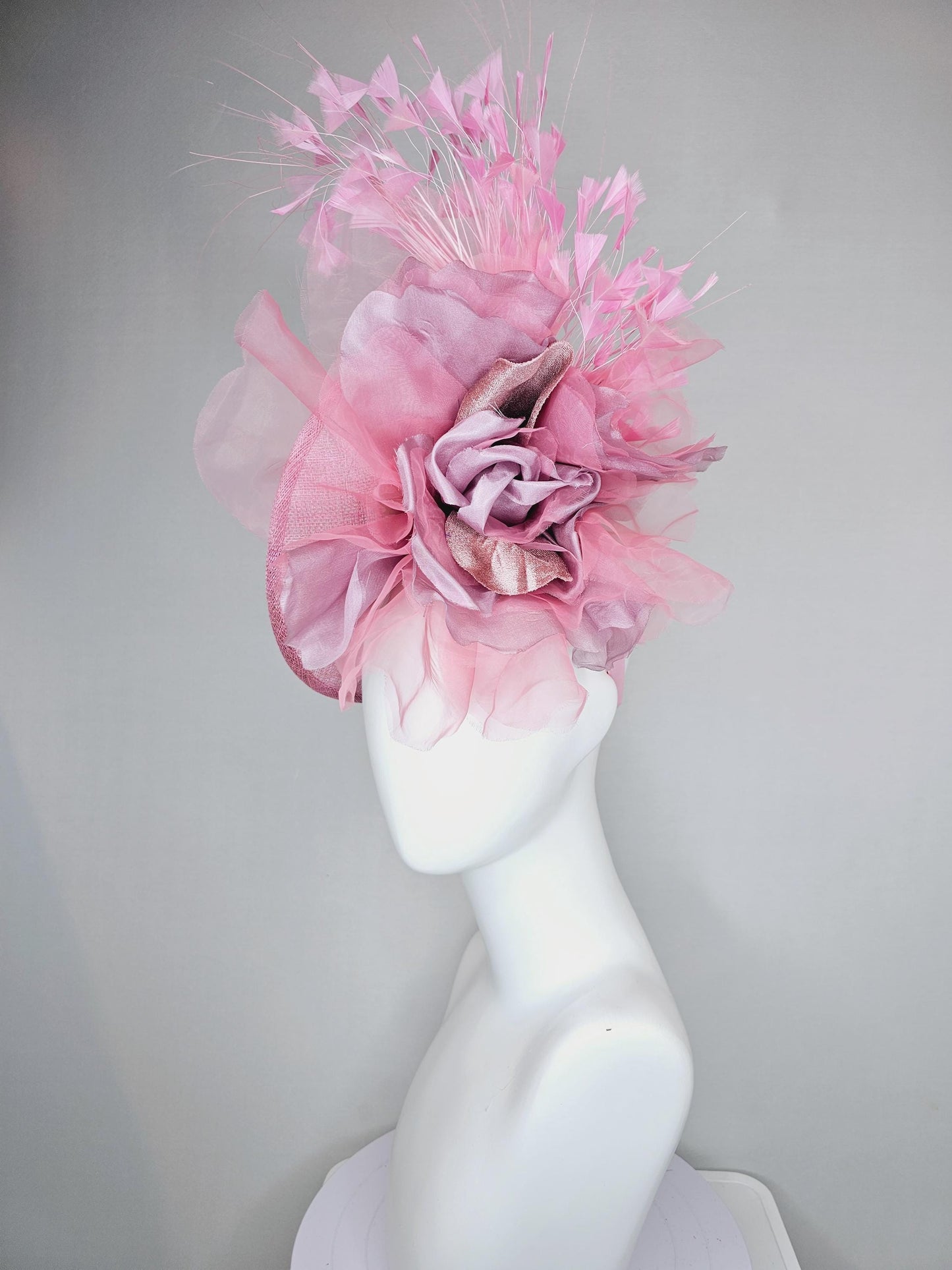 kentucky derby hat fascinator light pink sinamay saucer w/ large blush pink lilac rose gold organza satin rose,light pink branching feathers