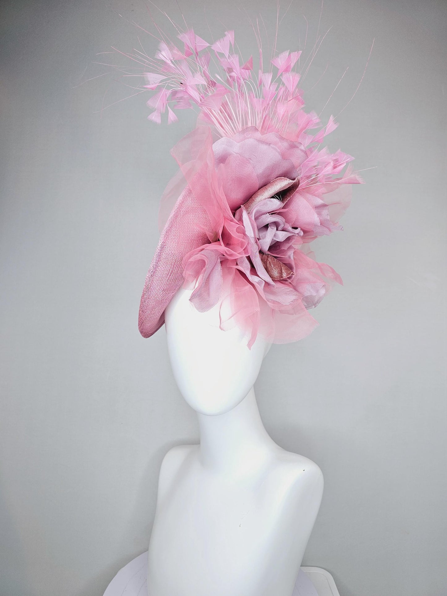 kentucky derby hat fascinator light pink sinamay saucer w/ large blush pink lilac rose gold organza satin rose,light pink branching feathers