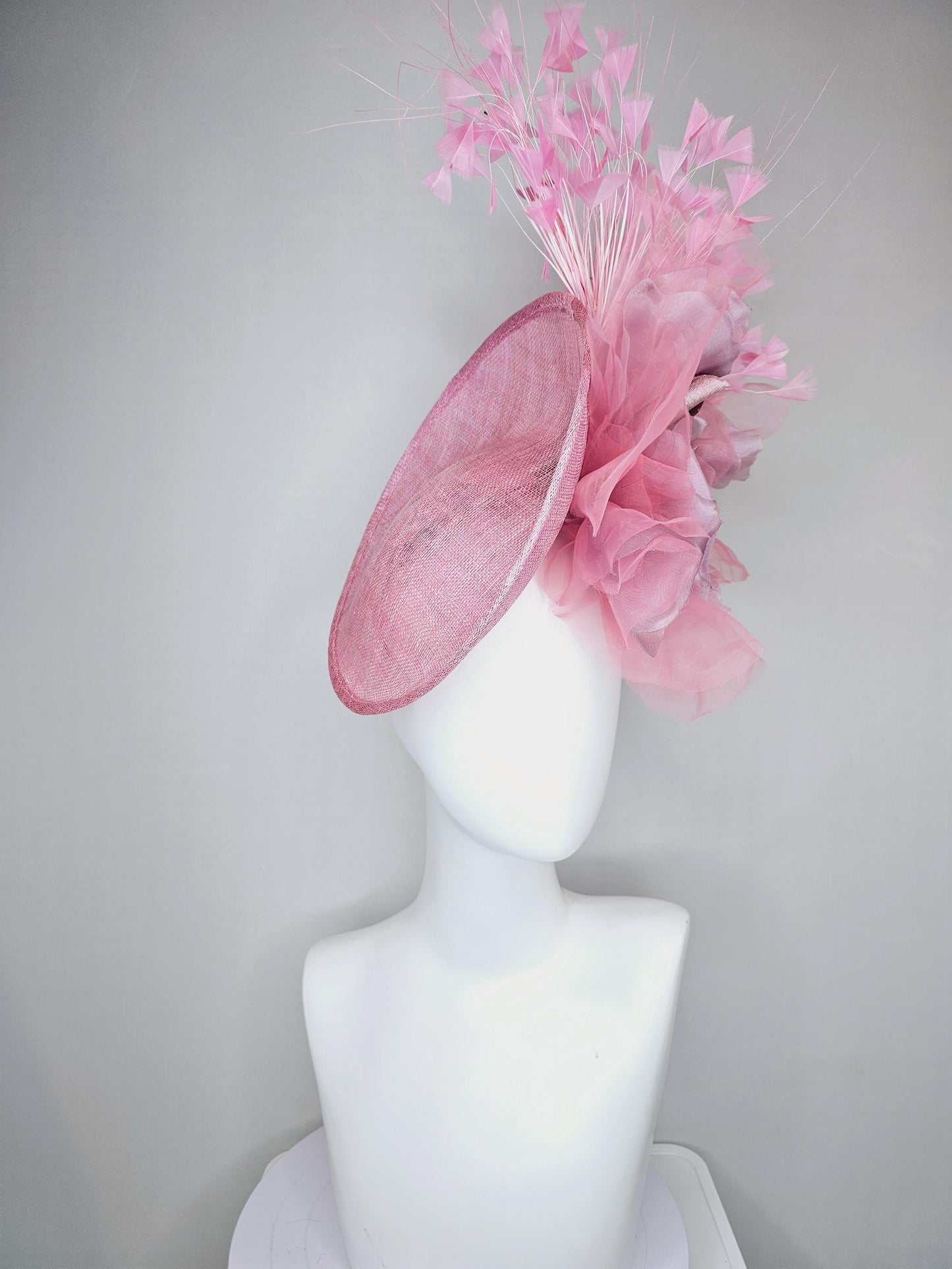 kentucky derby hat fascinator light pink sinamay saucer w/ large blush pink lilac rose gold organza satin rose,light pink branching feathers