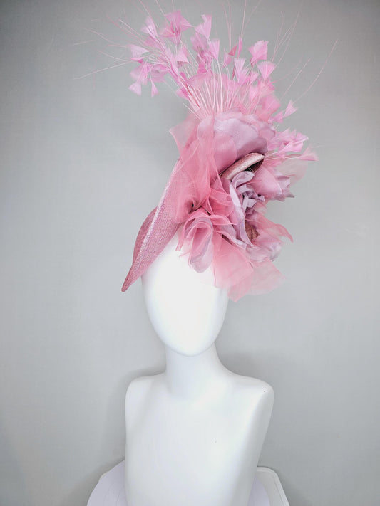 kentucky derby hat fascinator light pink sinamay saucer w/ large blush pink lilac rose gold organza satin rose,light pink branching feathers