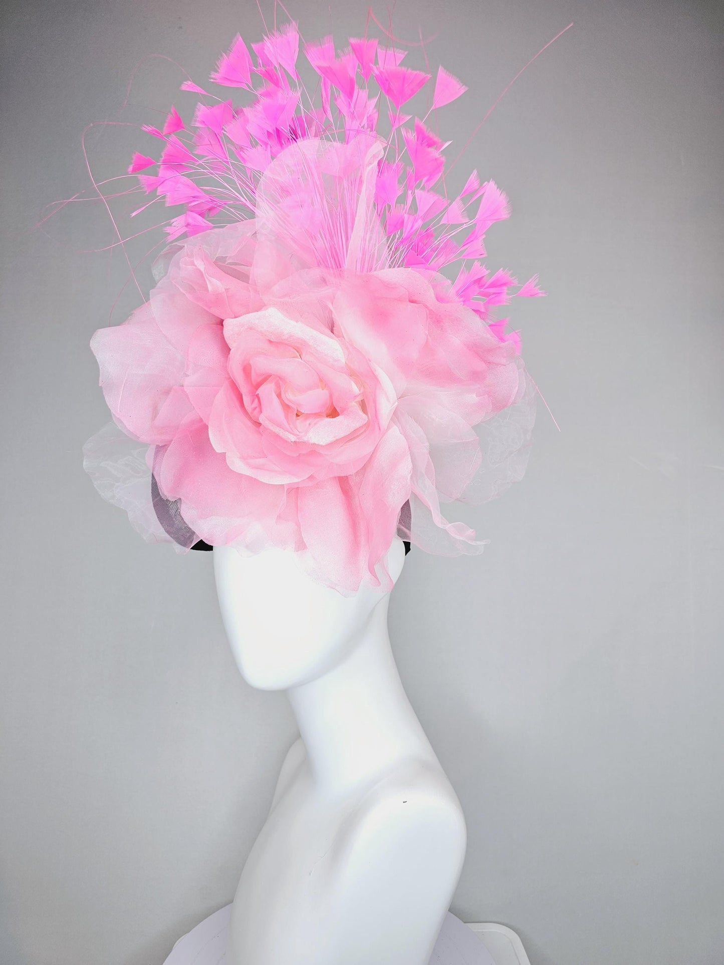 kentucky derby hat fascinator black sinamay saucer with large light pink organza satin rose and pink branching feathers