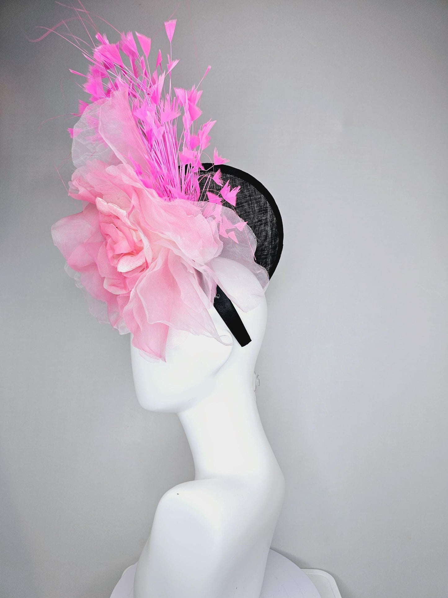 kentucky derby hat fascinator black sinamay saucer with large light pink organza satin rose and pink branching feathers