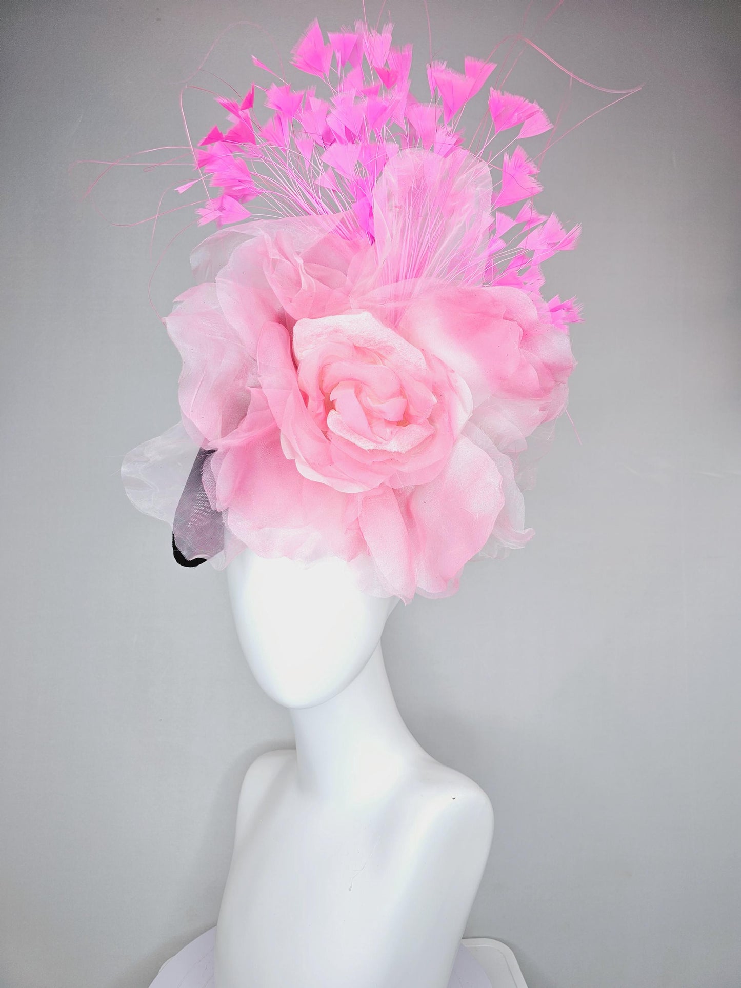 kentucky derby hat fascinator black sinamay saucer with large light pink organza satin rose and pink branching feathers