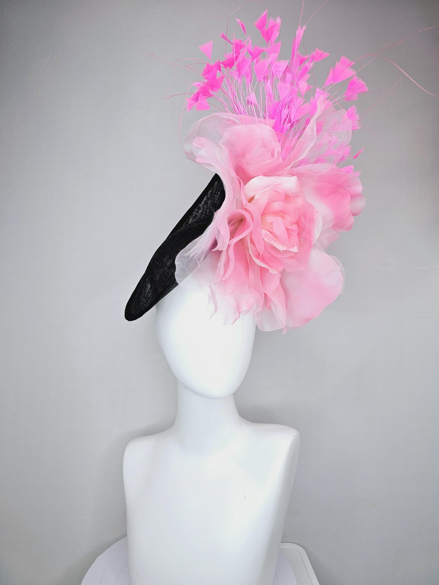 kentucky derby hat fascinator black sinamay saucer with large light pink organza satin rose and pink branching feathers