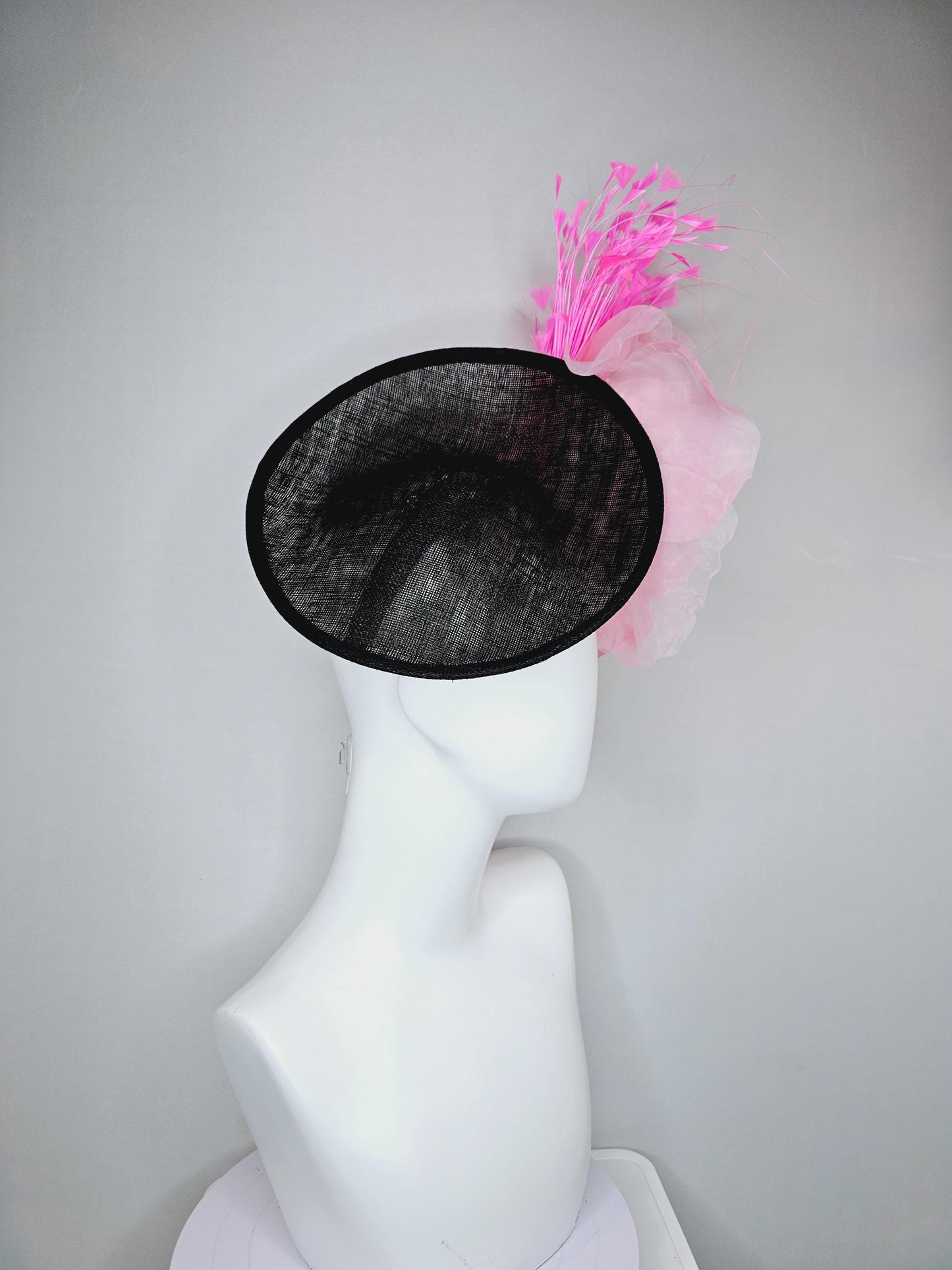 kentucky derby hat fascinator black sinamay saucer with large light pink organza satin rose and pink branching feathers