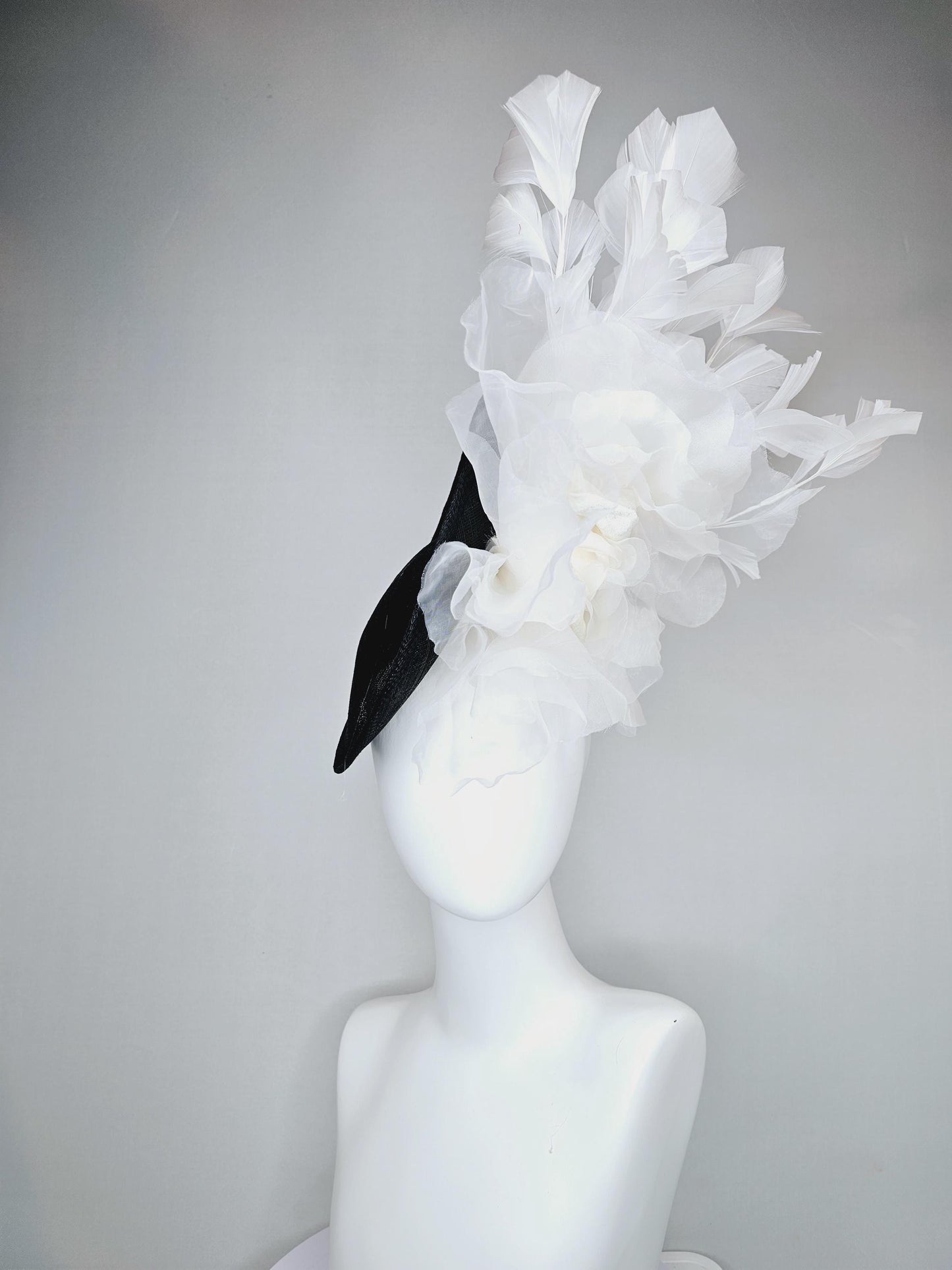 kentucky derby hat fascinator black sinamay saucer with large ivory white organza satin rose and white branching feathers