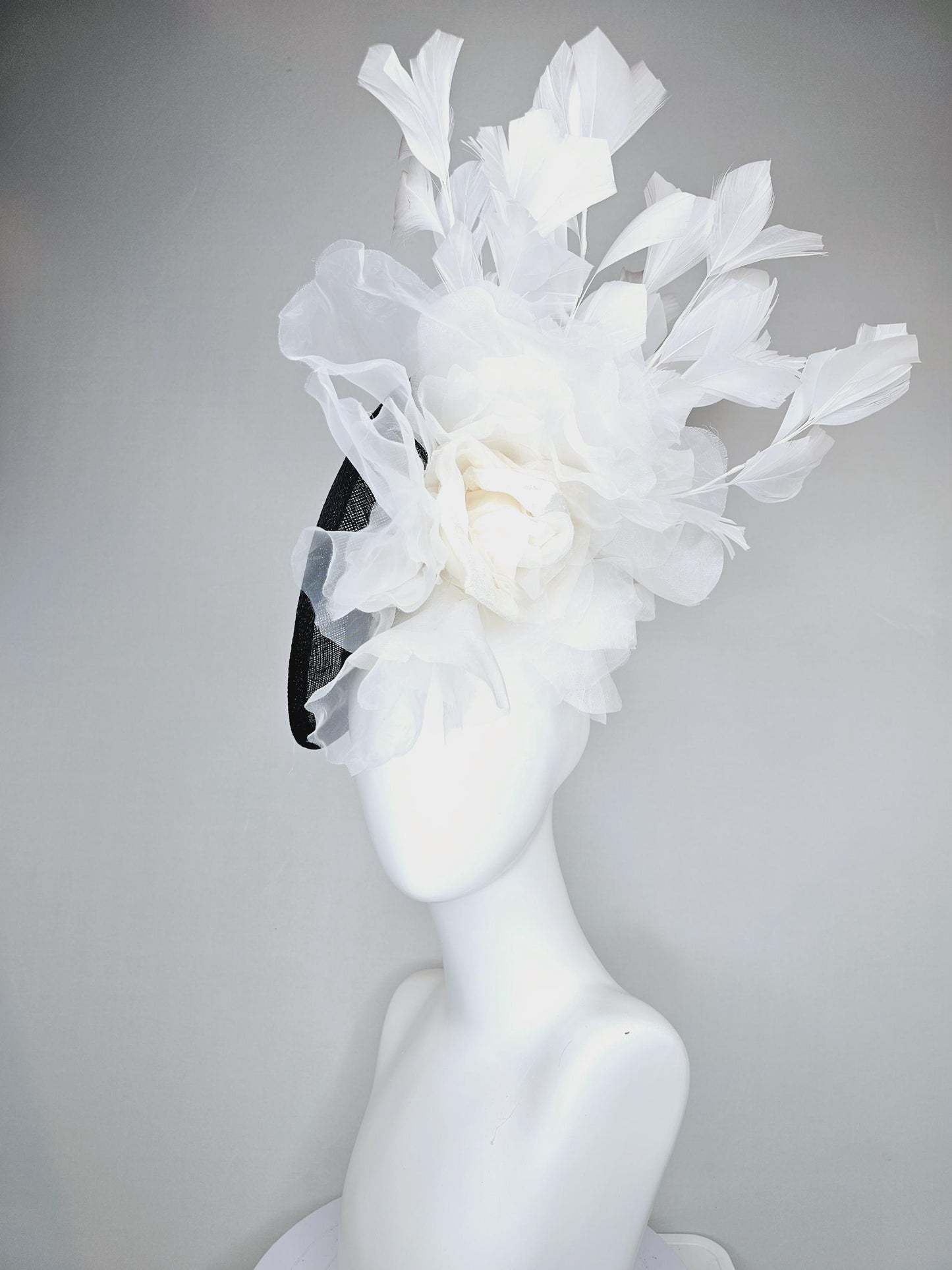 kentucky derby hat fascinator black sinamay saucer with large ivory white organza satin rose and white branching feathers