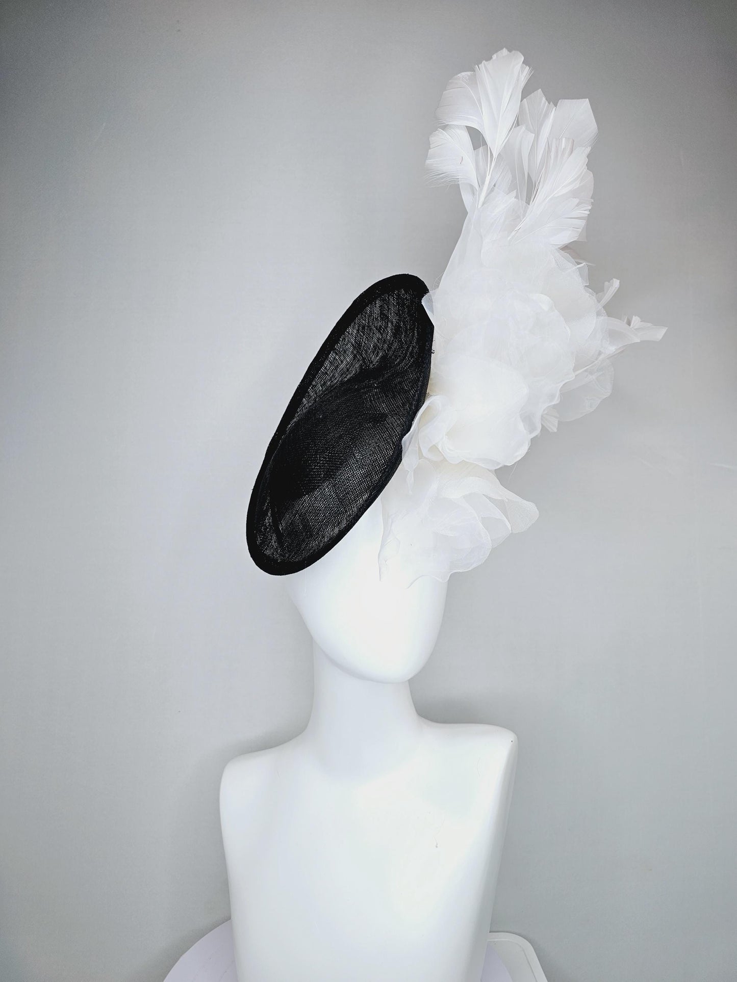 kentucky derby hat fascinator black sinamay saucer with large ivory white organza satin rose and white branching feathers