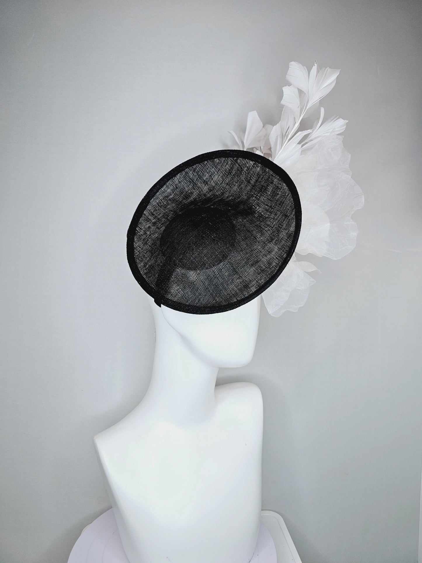 kentucky derby hat fascinator black sinamay saucer with large ivory white organza satin rose and white branching feathers