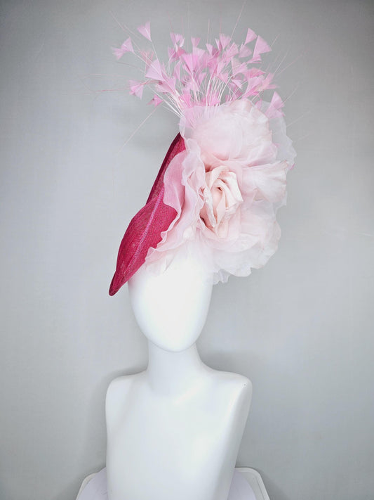 kentucky derby hat fascinator raspberry pink sinamay saucer with large light pale pink organza satin rose,light baby pink branching feathers