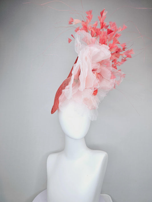 kentucky derby hat fascinator coral orange sinamay saucer with large light peach coral organza satin rose, coral orange branching feathers