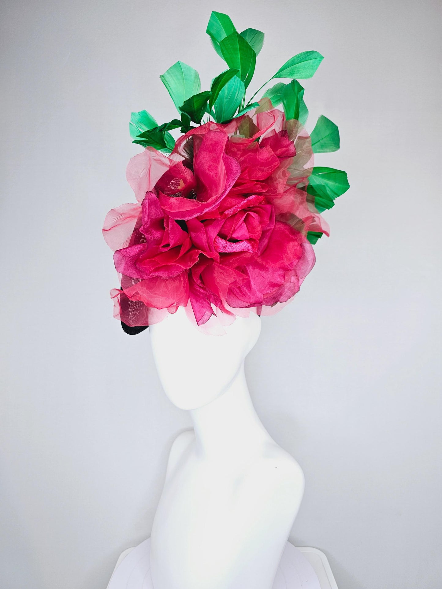 kentucky derby hat fascinator black sinamay saucer with large raspberry pink red organza satin rose and emerald green branching feathers