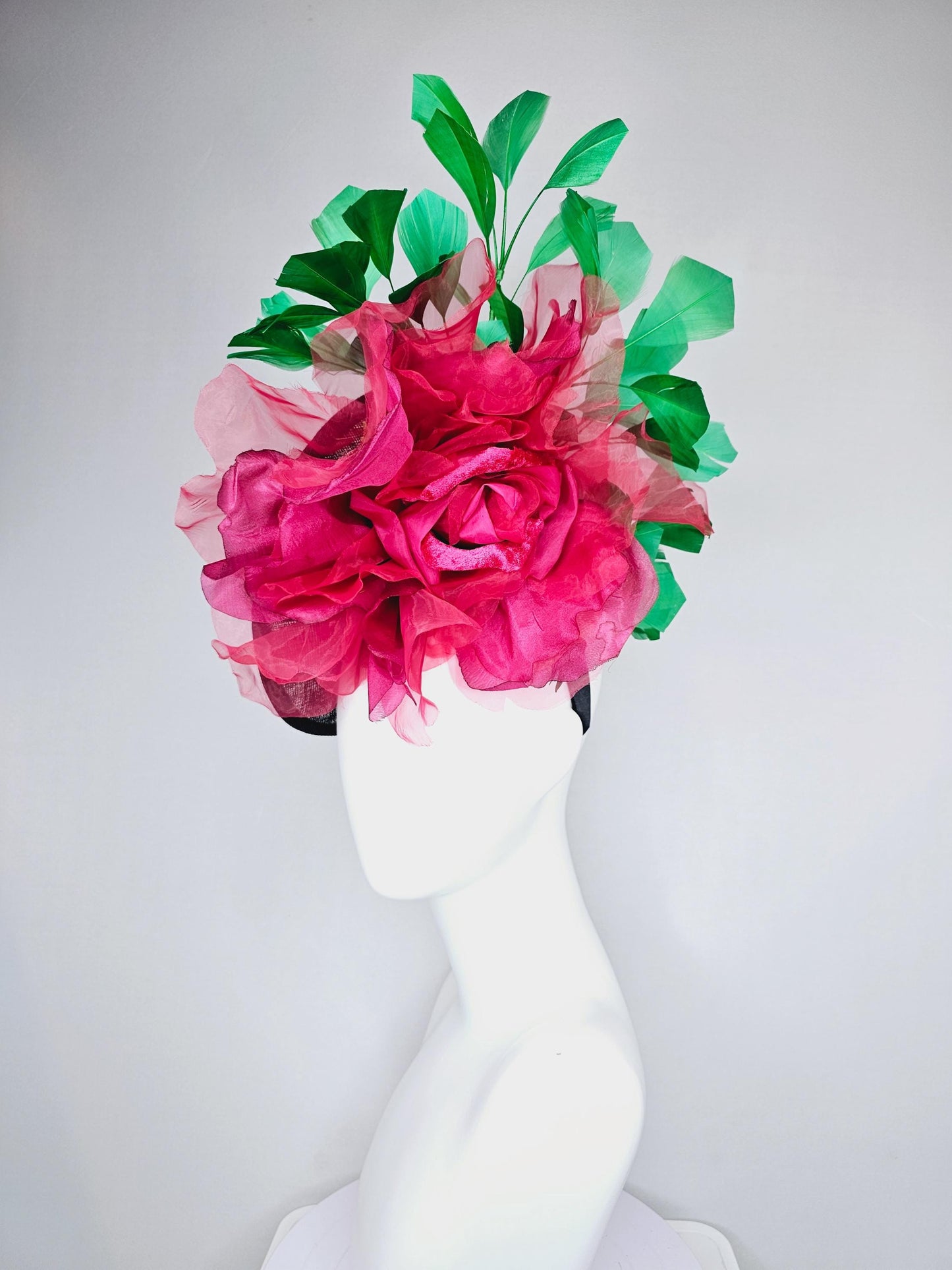 kentucky derby hat fascinator black sinamay saucer with large raspberry pink red organza satin rose and emerald green branching feathers