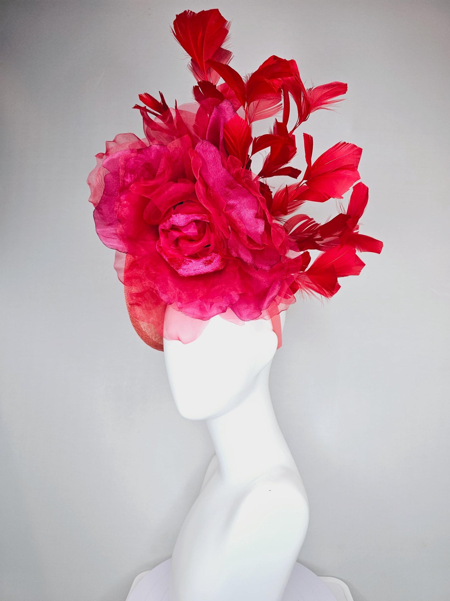 kentucky derby hat fascinator peach coral orange sinamay saucer w/ large burgundy ruby red organza satin rose,scarlet red branching feathers