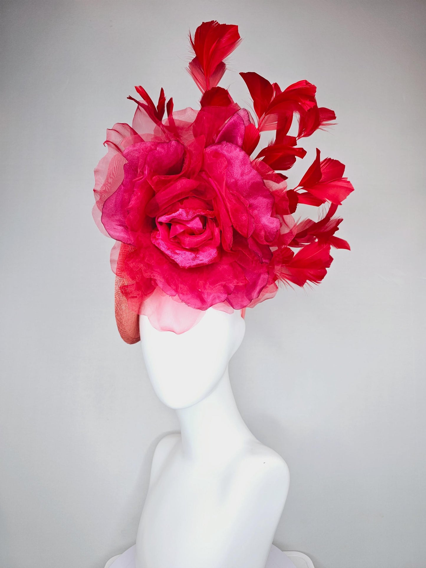 kentucky derby hat fascinator peach coral orange sinamay saucer w/ large burgundy ruby red organza satin rose,scarlet red branching feathers