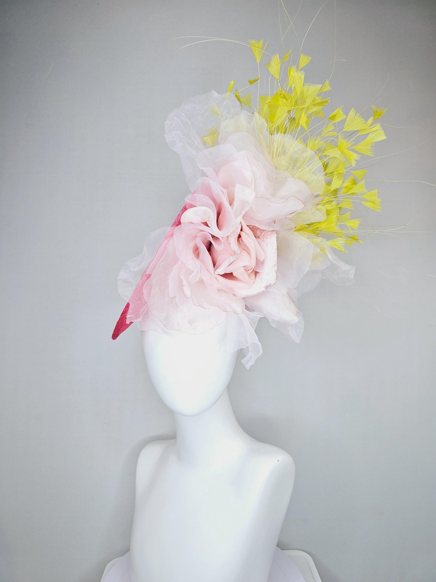 kentucky derby hat fascinator raspberry pink sinamay saucer with large light pale pink organza satin rose and yellow branching feathers