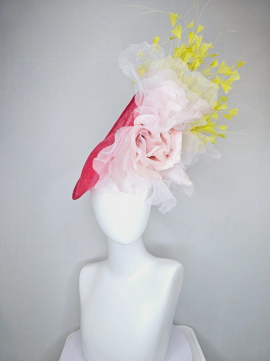 kentucky derby hat fascinator raspberry pink sinamay saucer with large light pale pink organza satin rose and yellow branching feathers