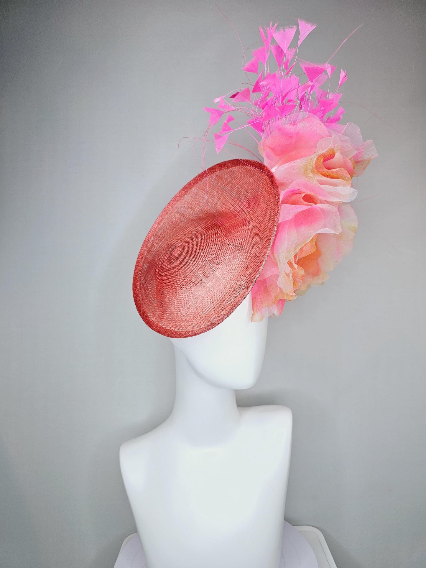 kentucky derby hat fascinator coral orange sinamay saucer with large apricot orange pink tie dye organza satin rose, pink branching feathers