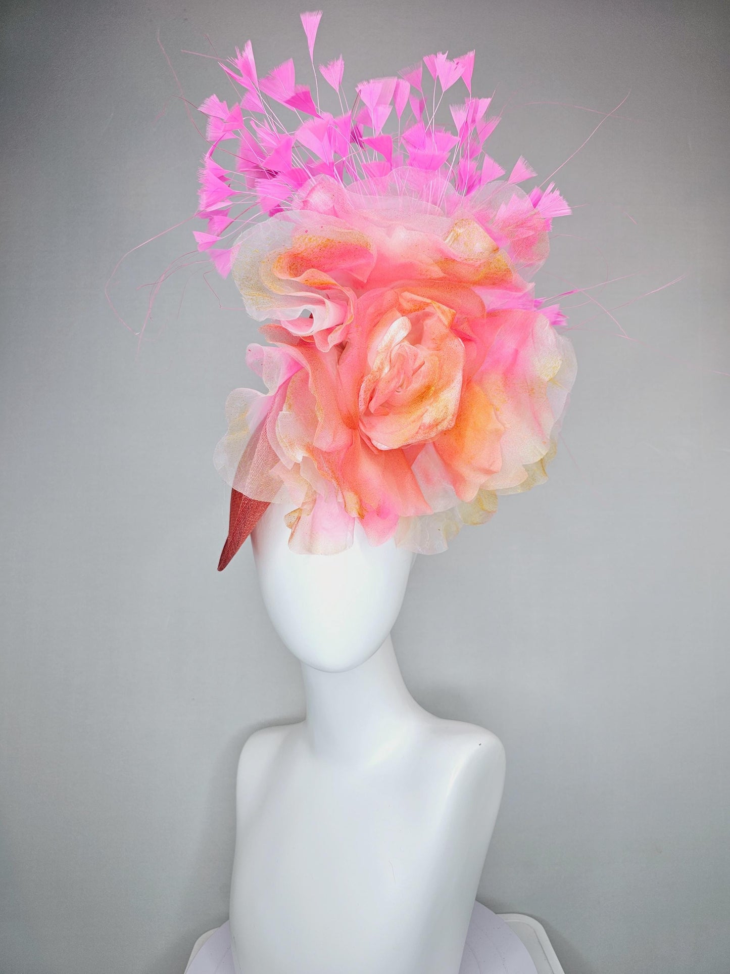 kentucky derby hat fascinator coral orange sinamay saucer with large apricot orange pink tie dye organza satin rose, pink branching feathers