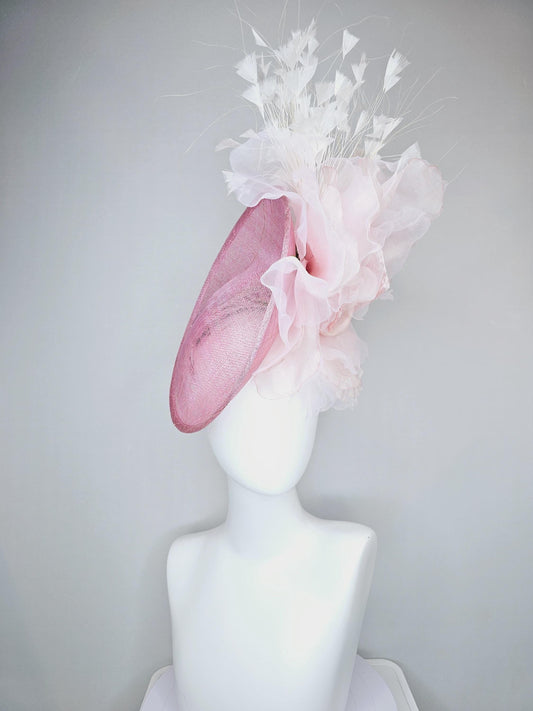 kentucky derby hat fascinator light pink sinamay saucer with large light pale pink organza satin rose and white branching feathers