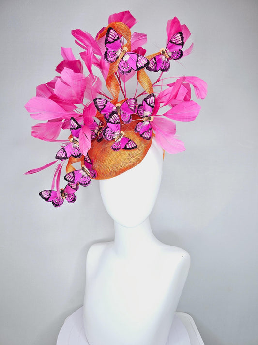 kentucky derby hat fascinator tangerine orange sinamay with sinamay curls and hot pink branching feathers with pink and black butterflies