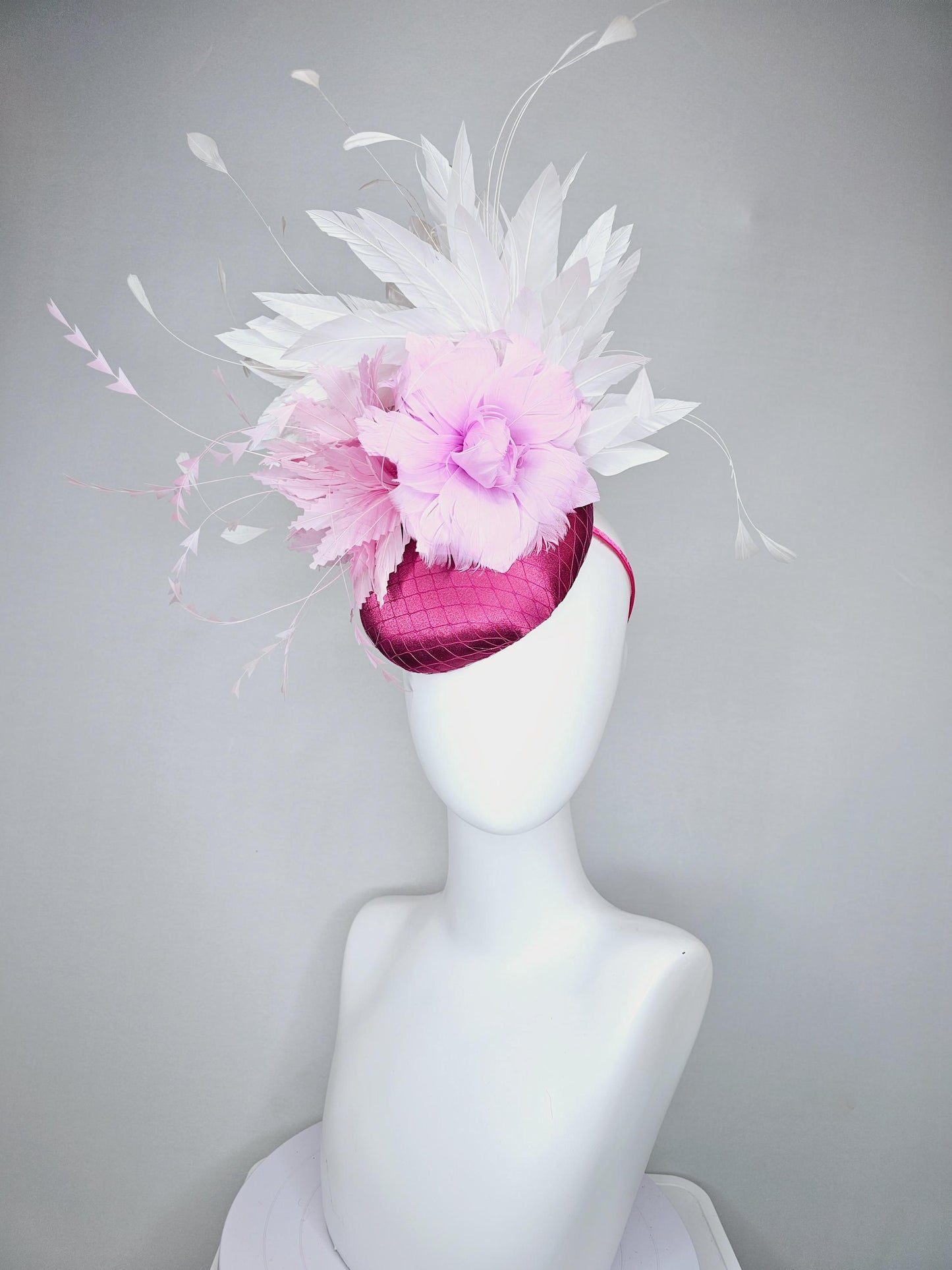 kentucky derby hat fascinator dark pink burgundy satin w/netting,light pink zigzag and lilac purple feather flowers,white branching feathers