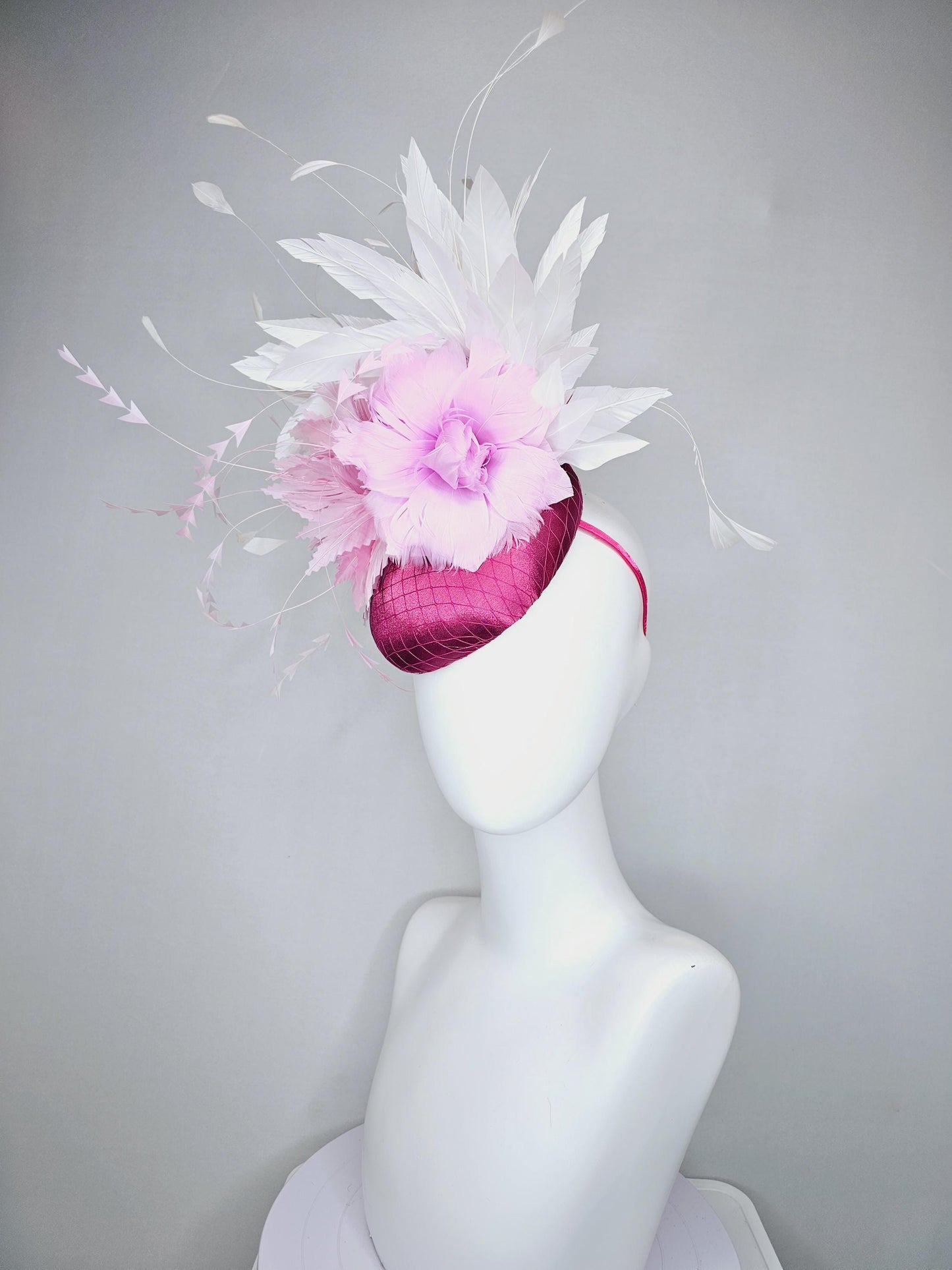 kentucky derby hat fascinator dark pink burgundy satin w/netting,light pink zigzag and lilac purple feather flowers,white branching feathers