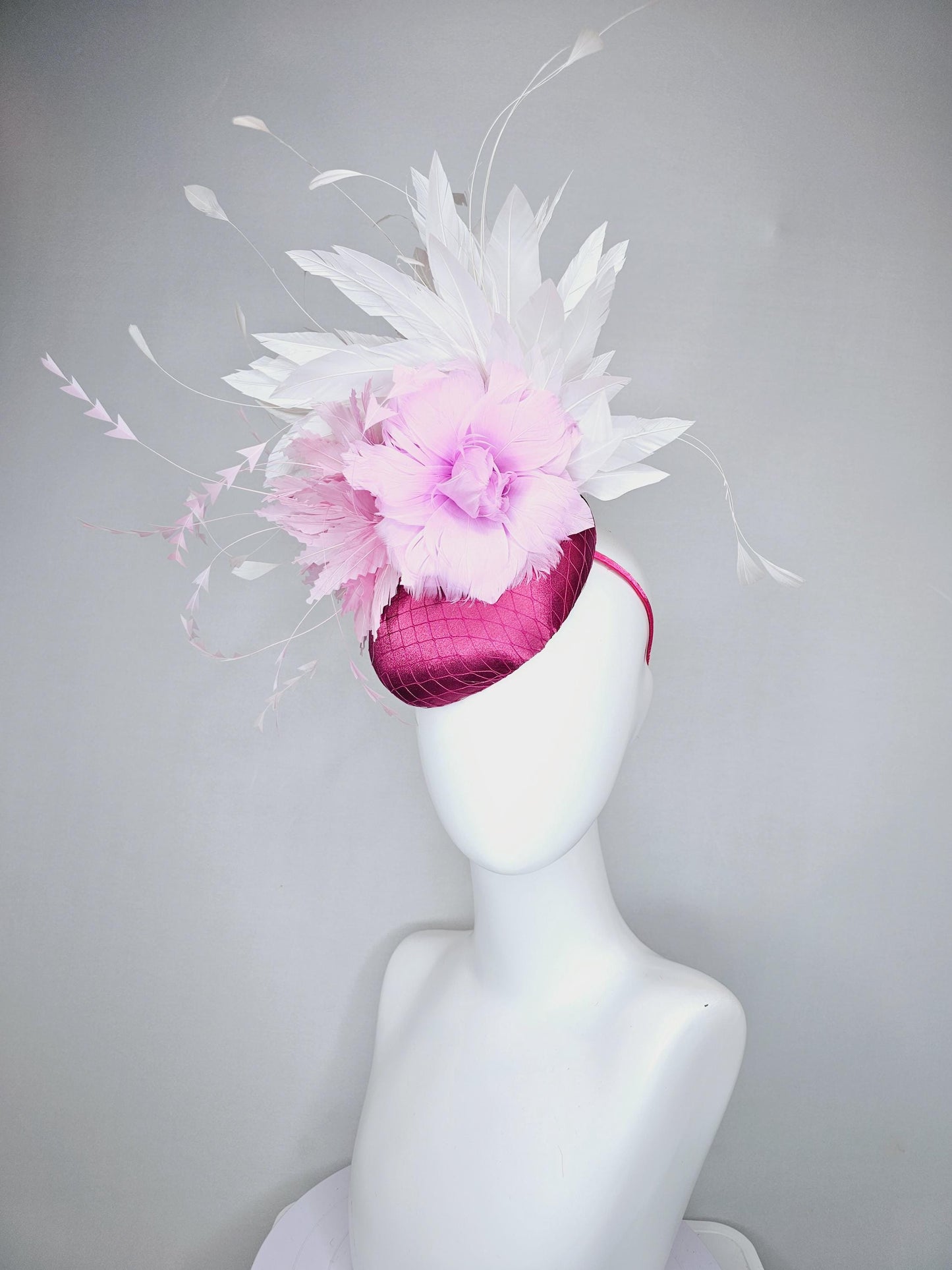 kentucky derby hat fascinator dark pink burgundy satin w/netting,light pink zigzag and lilac purple feather flowers,white branching feathers