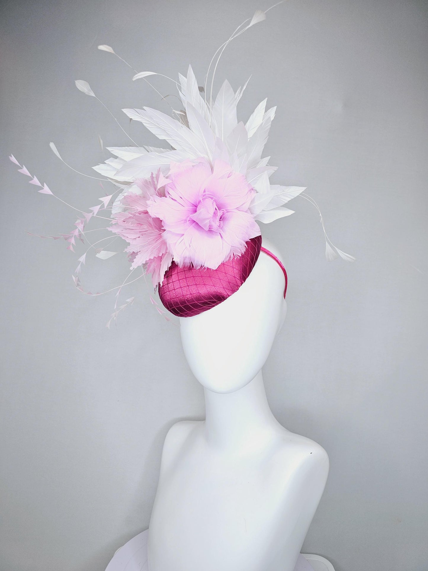 kentucky derby hat fascinator dark pink burgundy satin w/netting,light pink zigzag and lilac purple feather flowers,white branching feathers