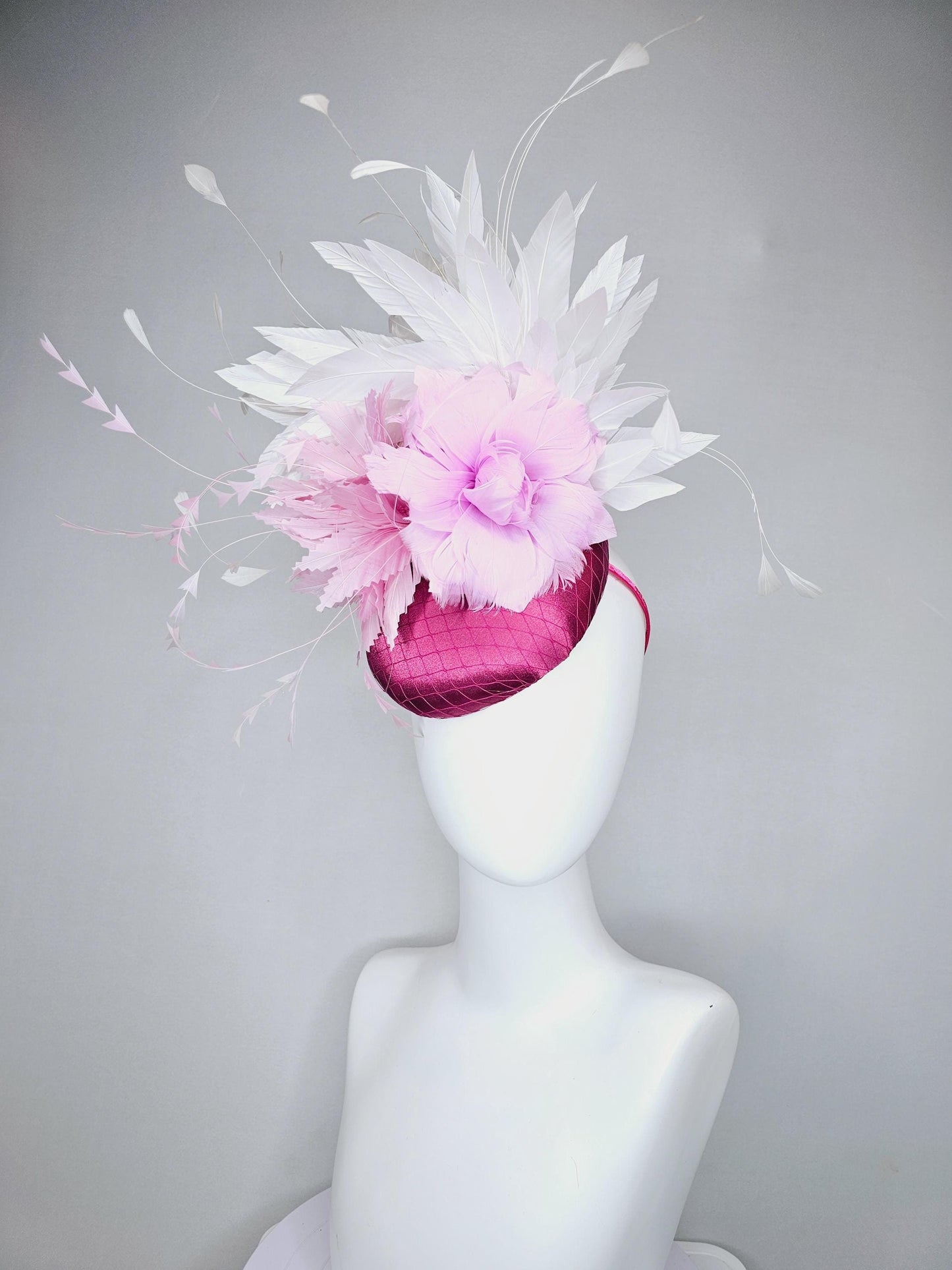 kentucky derby hat fascinator dark pink burgundy satin w/netting,light pink zigzag and lilac purple feather flowers,white branching feathers