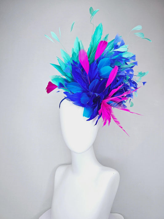 kentucky derby hat fascinator royal blue sinamay,fuchsia pink royal blue feather flower,royal cobalt blue mint green pink branching feathers