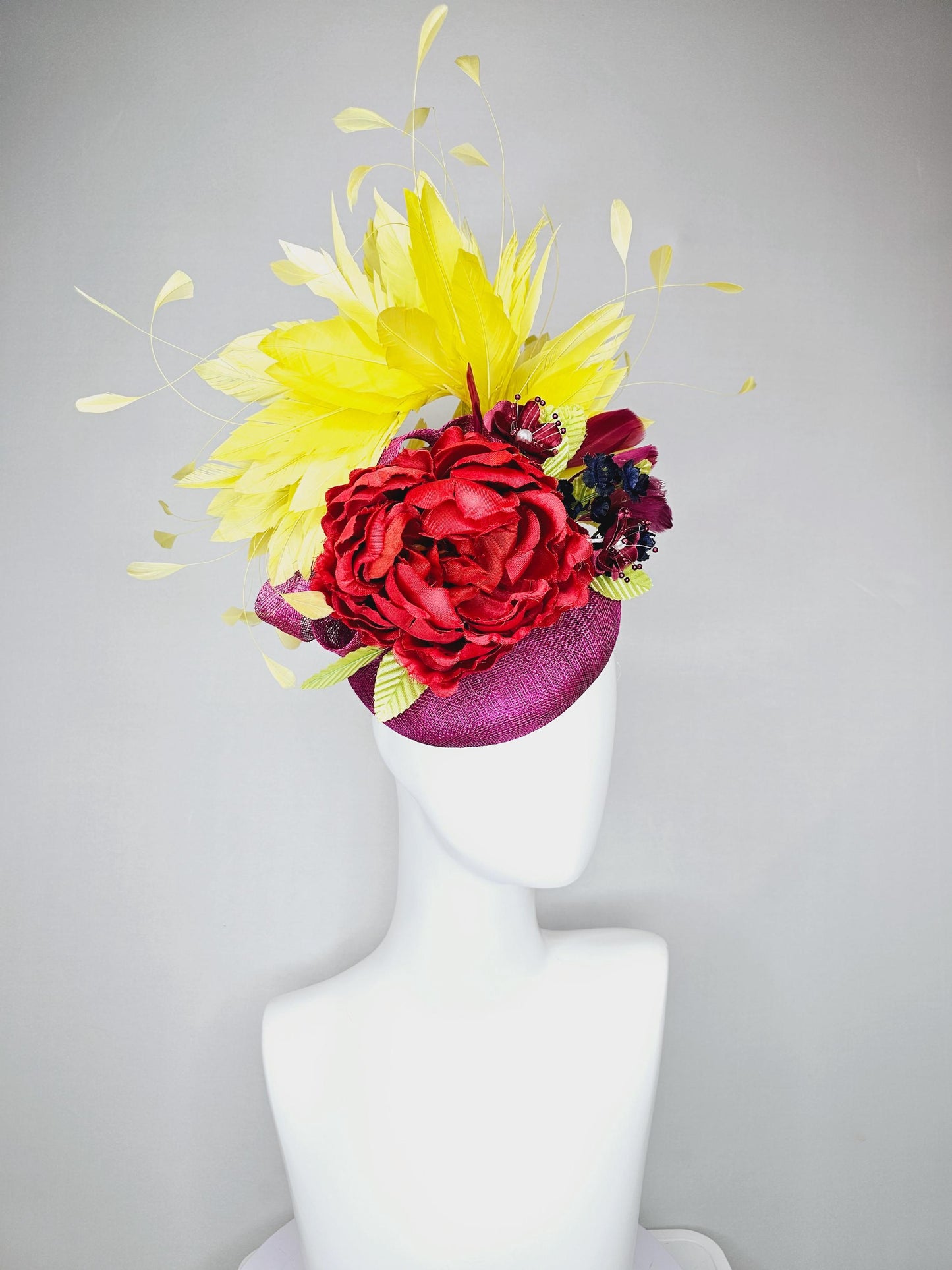 kentucky derby hat fascinator purple sinamay, bright yellow branching feathers,satin silk red flower,satin navy blue and red wine flowers