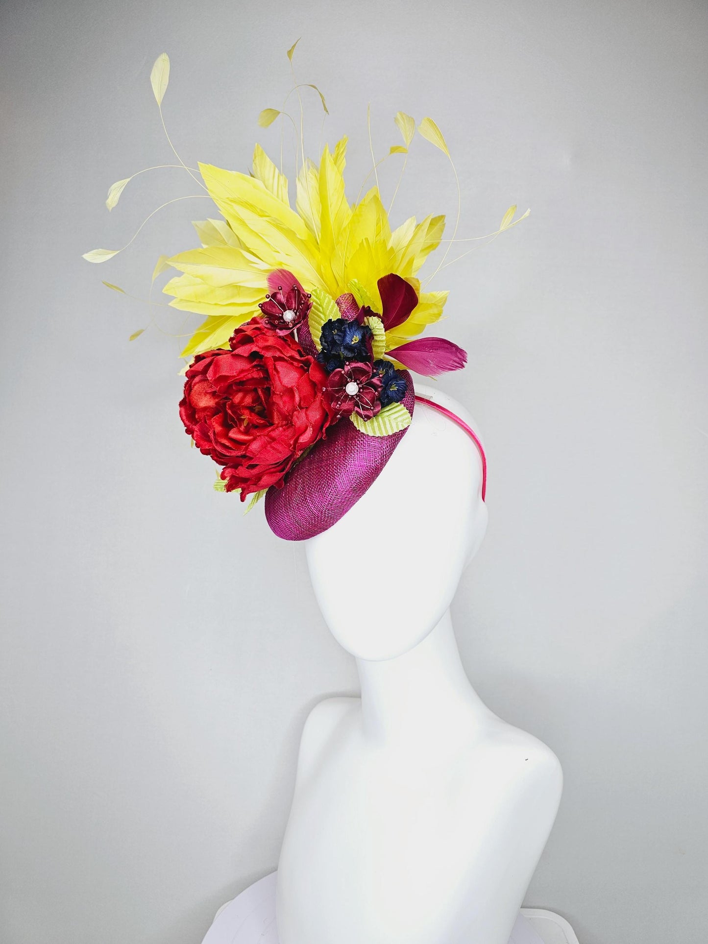 kentucky derby hat fascinator purple sinamay, bright yellow branching feathers,satin silk red flower,satin navy blue and red wine flowers