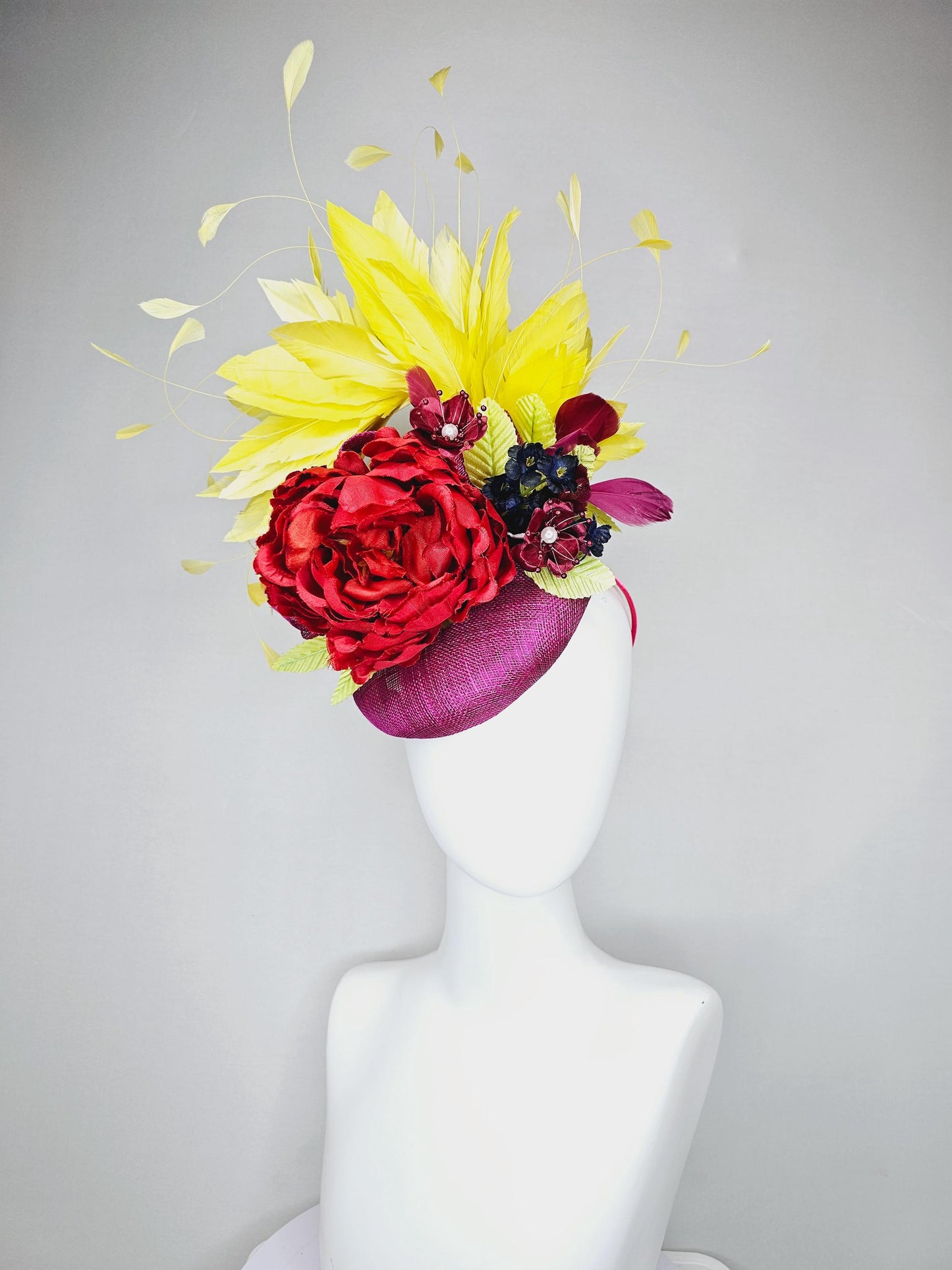 kentucky derby hat fascinator purple sinamay, bright yellow branching feathers,satin silk red flower,satin navy blue and red wine flowers