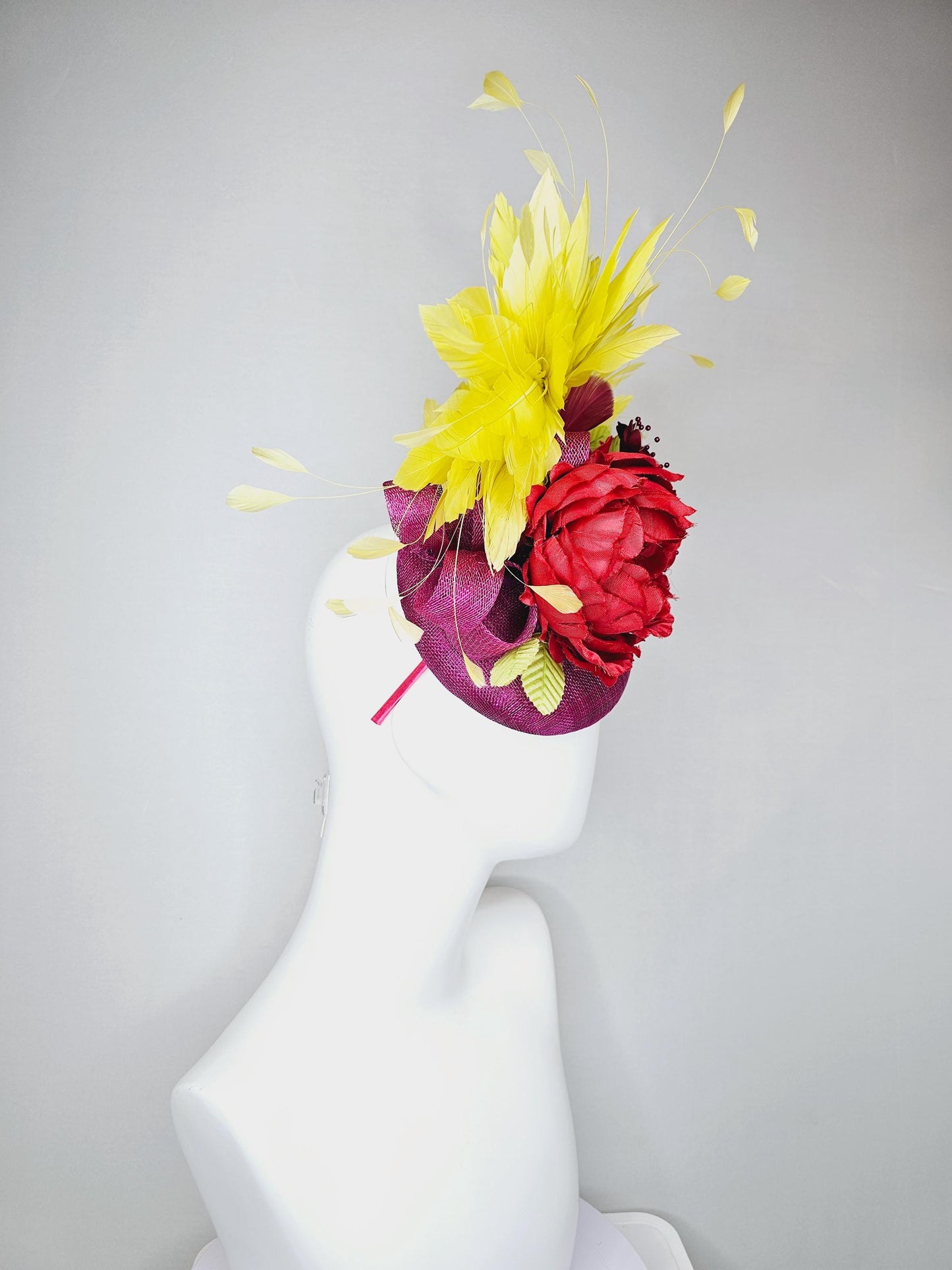 kentucky derby hat fascinator purple sinamay, bright yellow branching feathers,satin silk red flower,satin navy blue and red wine flowers