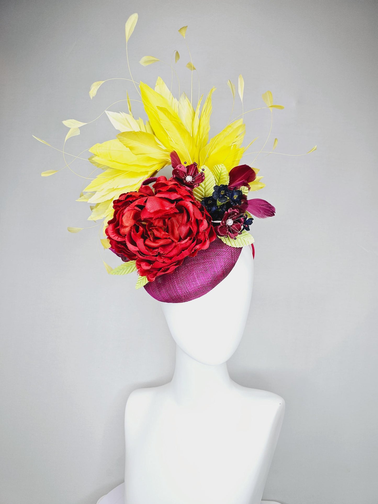 kentucky derby hat fascinator purple sinamay, bright yellow branching feathers,satin silk red flower,satin navy blue and red wine flowers