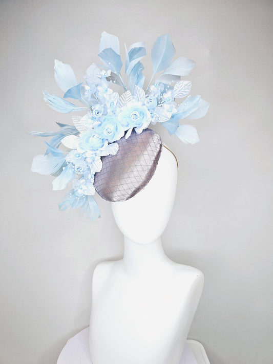 kentucky derby hat fascinator silver gray satin with netting,light blue branching feathers,white leaves,baby blue satin silk flowers