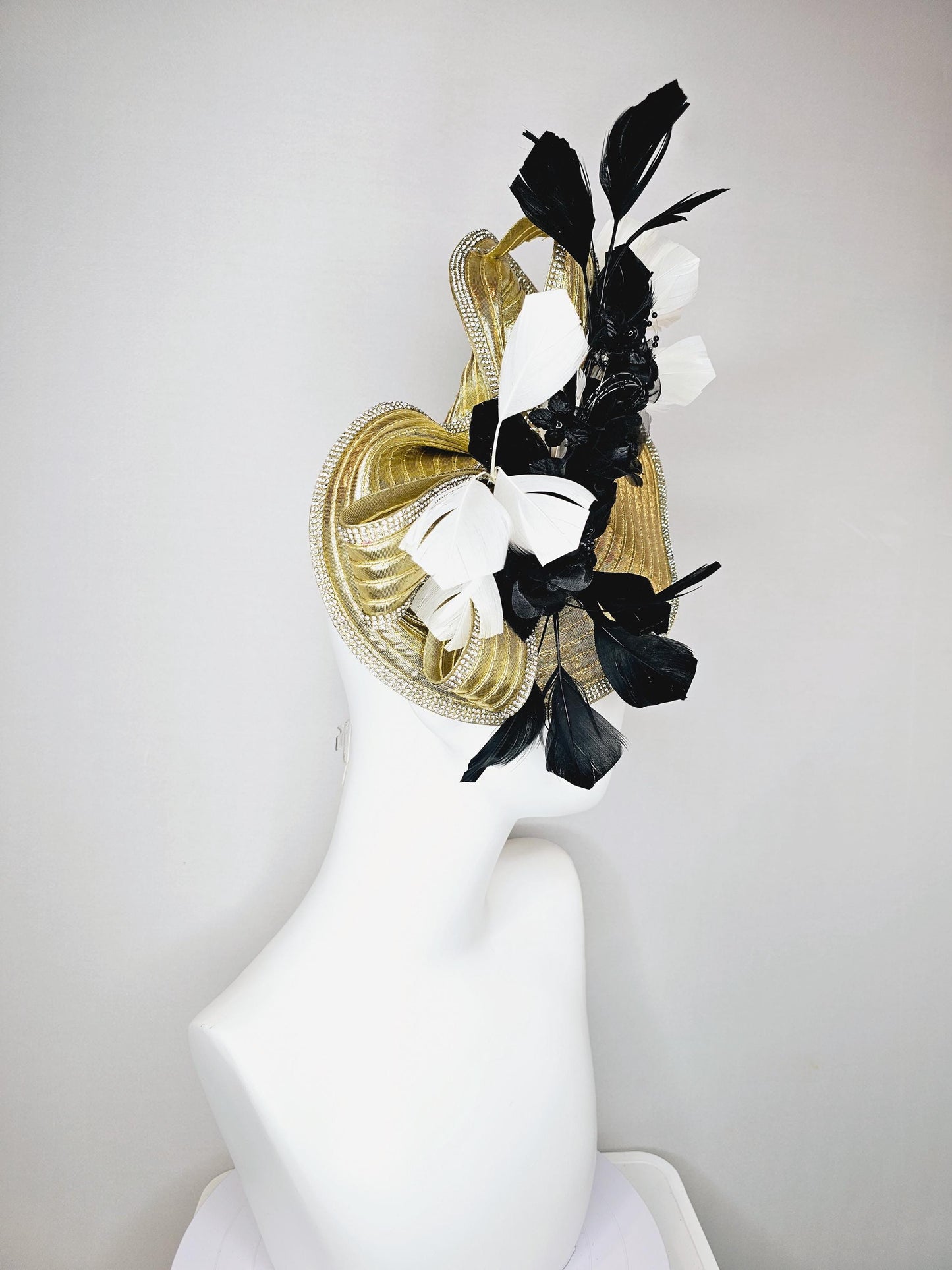 kentucky derby hat fascinator gold saucer with crystal rhinestone beading and beaded bow,white feathers,black satin silk flowers and pearls