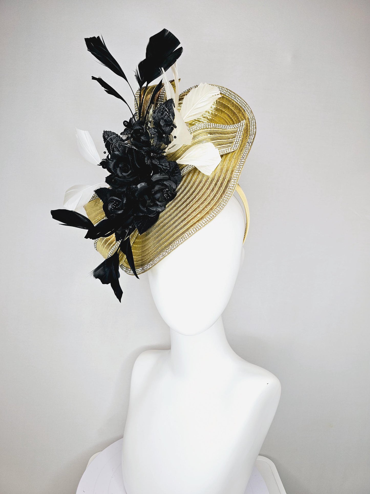 kentucky derby hat fascinator gold saucer with crystal rhinestone beading and beaded bow,white feathers,black satin silk flowers and pearls